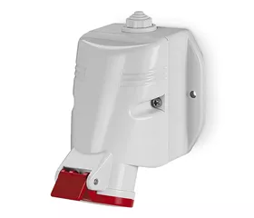 CEE-Aufbausteckdose der Serie OPTIMA-TOP für 32 A mit abgewinkelter Steckrichtung und Federklemmen. Thermoplastgehäuse mit IP44 und IK08. Mit M32 × 1,5-Kabeleinführung und CuZn-Kontakten. Ausführung mit 3P+N+E für 346–415 V bei 50/60 Hz.